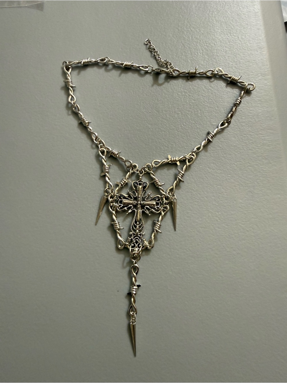 gothic barbed wire necklace features a central ornate cross pendant and spike - Picture 7 of 7
